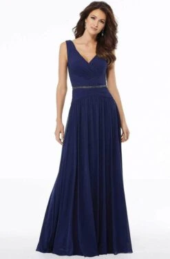 MGNY By Mori Lee - 72131SC Pleated Sleeveless V-neck Long Dress - 1 Pc Navy In Size 8 Available