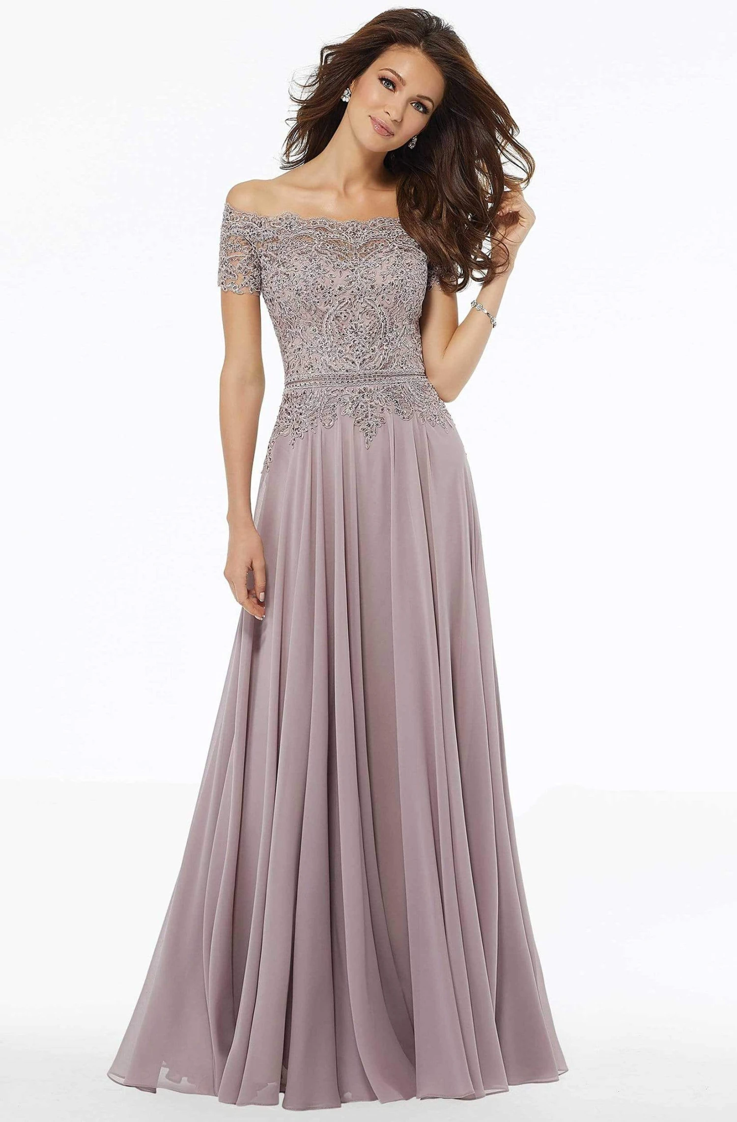 MGNY By Mori Lee - 72133 Off Shoulder Lace Appliqued Chiffon Dress 1 MGNY By Mori Lee - 72133 Off Shoulder Lace Appliqued Chiffon Dress