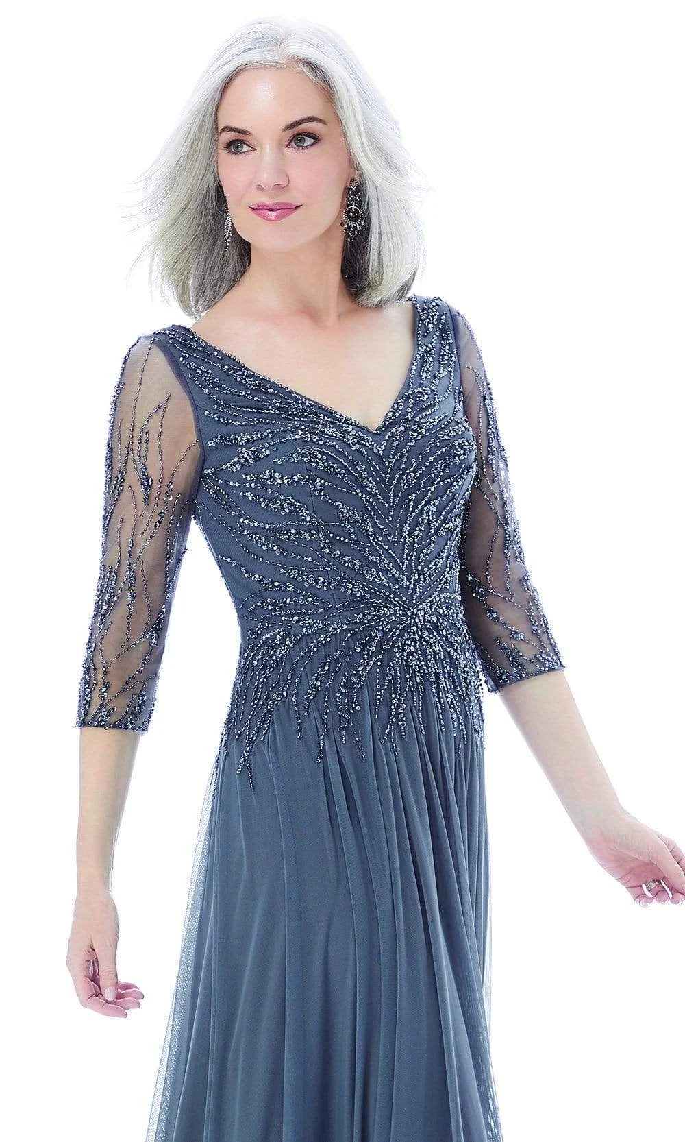 MGNY By Mori Lee - 72202 Sheer Quarter Sleeve Beaded Mesh A-Line Gown 2 MGNY By Mori Lee - 72202 Sheer Quarter Sleeve Beaded Mesh A-Line Gown - Image 2