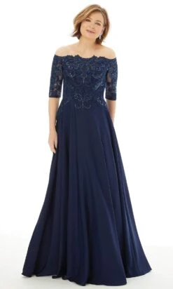 MGNY By Mori Lee - 72220 Off Shoulder Embroidered Lace Crepe Gown -Fashion wedding dress mgny by mori lee 72220 off shoulder embroidered lace crepe gown mother of the bride dresses 2 navy 28780696633427