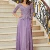 MGNY By Mori Lee 72720 - Laced Quarter Sleeve Evening Gown
