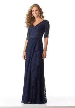 MGNY By Mori Lee - Beaded Lace A-Line Formal Dress 71809SC - 1 Pc Navy In Size 12 Available