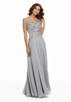 MGNY By Mori Lee - Beaded Lace V-neck A-line Chiffon Evening Dress 72021SC - 1 Pc Champagne In Size 10 Available -Fashion wedding dress mgny by mori lee beaded lace v neck a line chiffon evening dress 72021sc ccsale 2 silver 14137430835283