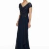 MGNY By Mori Lee - Beaded Lace V-Neck Sheath Evening Gown 72022SC - 1 Pcs Navy In Size 20 Available