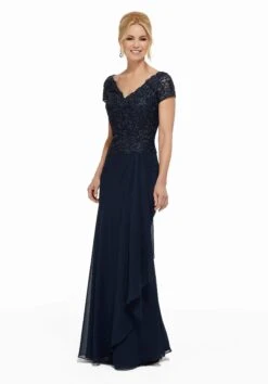 MGNY By Mori Lee - Beaded Lace V-Neck Sheath Evening Gown 72022SC - 1 Pcs Navy In Size 20 Available