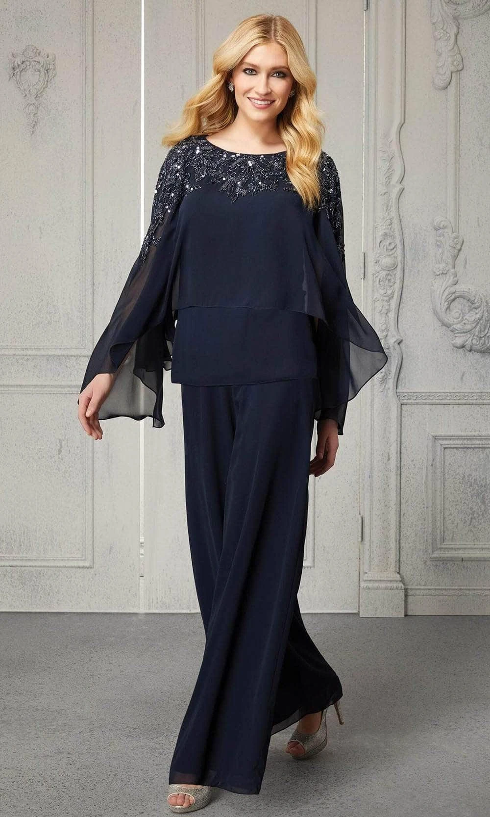 MGNY By Mori Lee - Cape Sleeve Chiffon Evening Pantsuit 72428SC - 1 Pc Dark Silver In Size 18 Available 1 MGNY By Mori Lee - Cape Sleeve Chiffon Evening Pantsuit 72428SC - 1 Pc Dark Silver In Size 18 Available